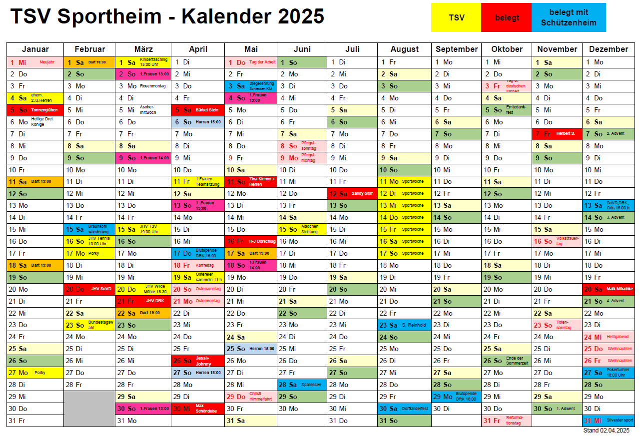 Sportheimkalender 2025 Stand 02.04.2025