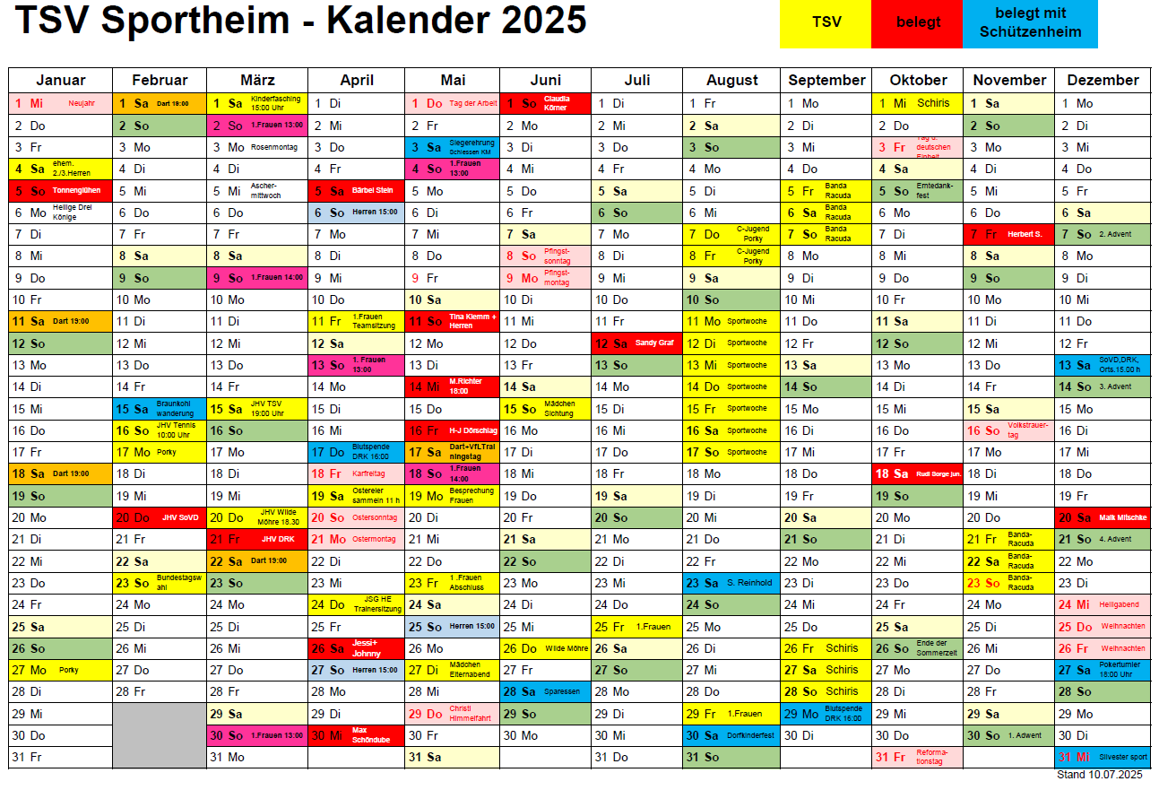 Sportheimkalender 2025 Stand 10.07.2025