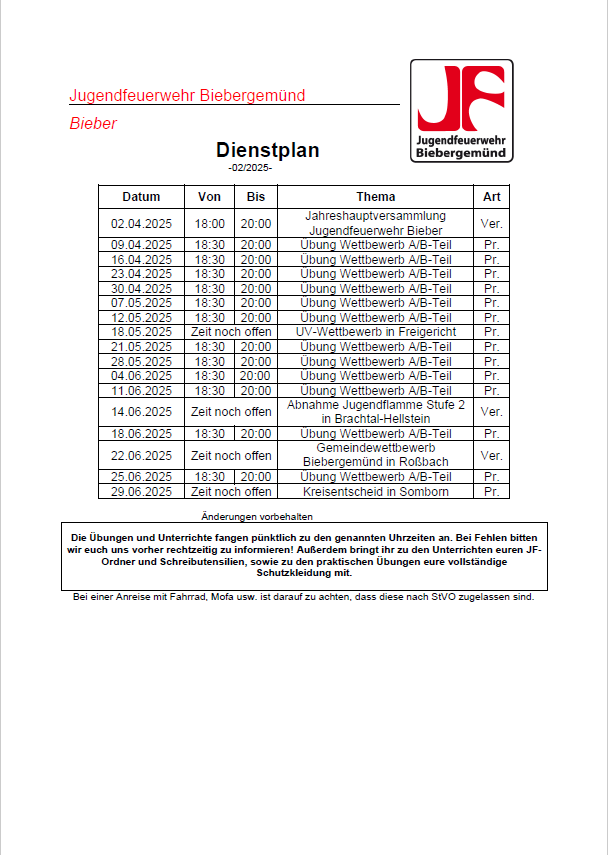 Dienstplan JF Q2 2025