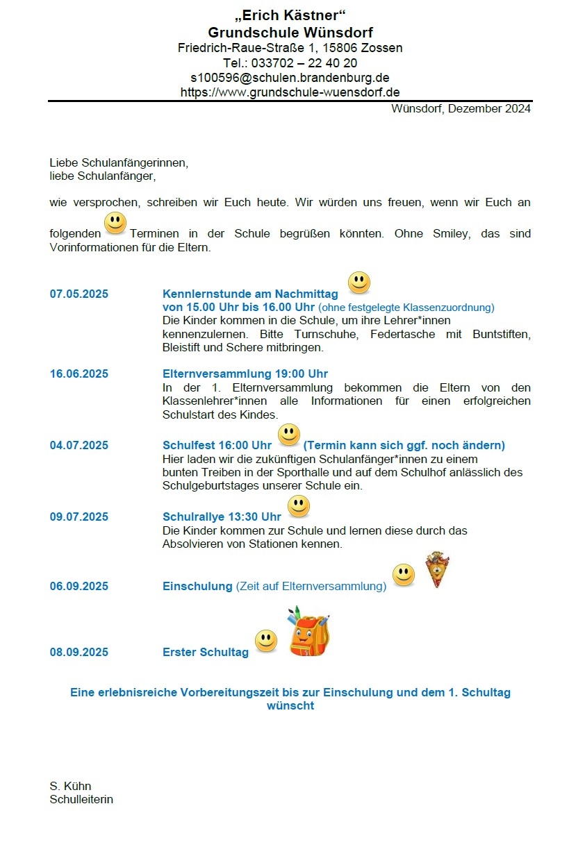 Begrüßungsbrief und Terminübersicht