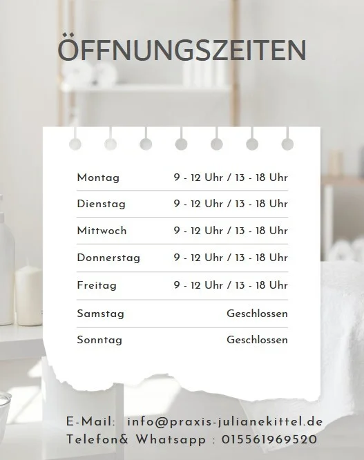 Öffnungszeiten: Montag 9-12 Uhr / 13- 18 Uhr, Dienstag 9-12 Uhr / 13- 18 Uhr, Mittwoch 9-12 Uhr / 13- 18 Uhr, Donnerstag 9-12 Uhr / 13- 18 Uhr, Freitag 9-12 Uhr / 13- 18 Uhr, Samstag Geschlossen, Sonntag Geschlossen