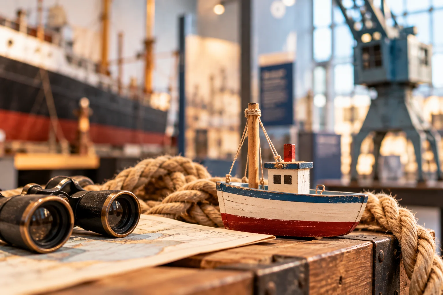 Kleines Modellschiff auf einer Holzkiste, umgeben von einem Fernglas, Seilen und einer Seekarte. Im Hintergrund sind maritime Ausstellungsstücke zu sehen.