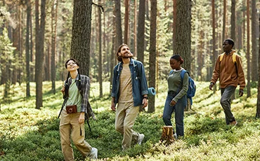 group-friends-walking-along-path-forest-looking-around-enjoying-nature