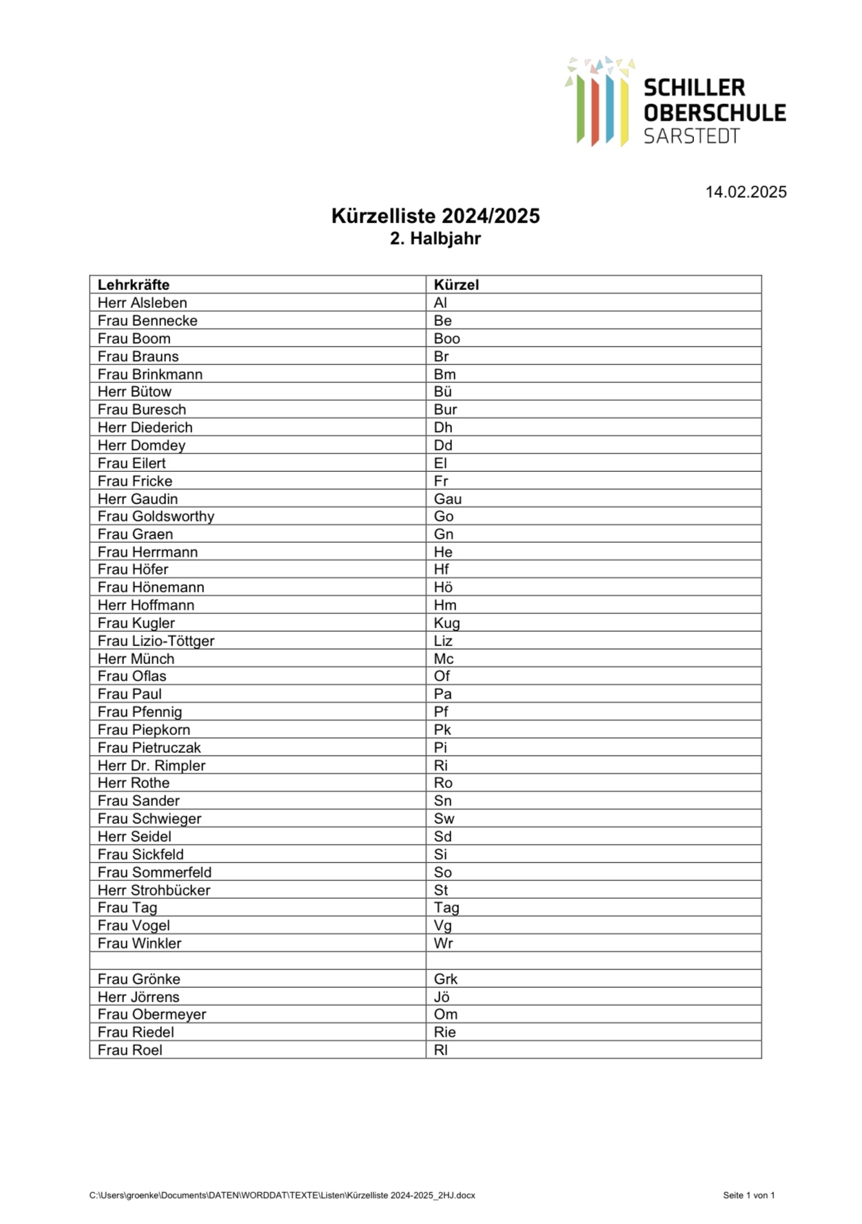 Lehrerkürzelliste 2.Hj 24/25
