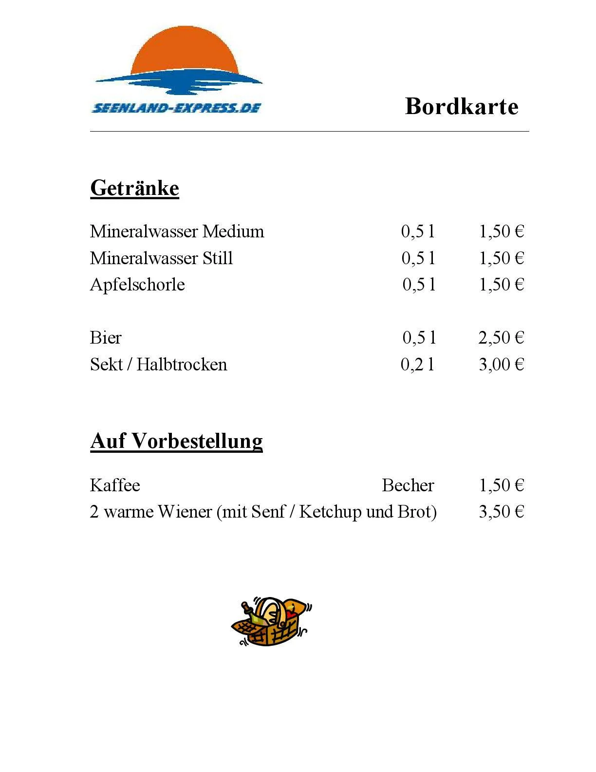 Bordkarte mit Imbiss