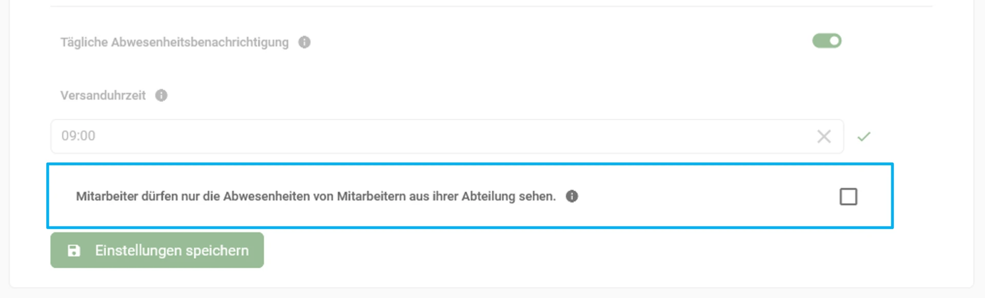 Farblich hervorgehoben ist die Einstellung „Mitarbeiter dürfen nur die Abwesenheiten von Mitarbeitern ihrer Abteilung sehen“.