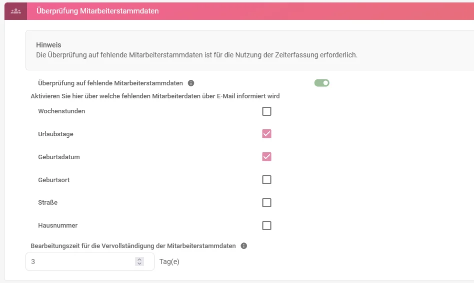 Zu sehen ist die Zeiterfassung mit der geöffneten Einstellung „Überprüfung von Mitarbeiterstammdaten“.
