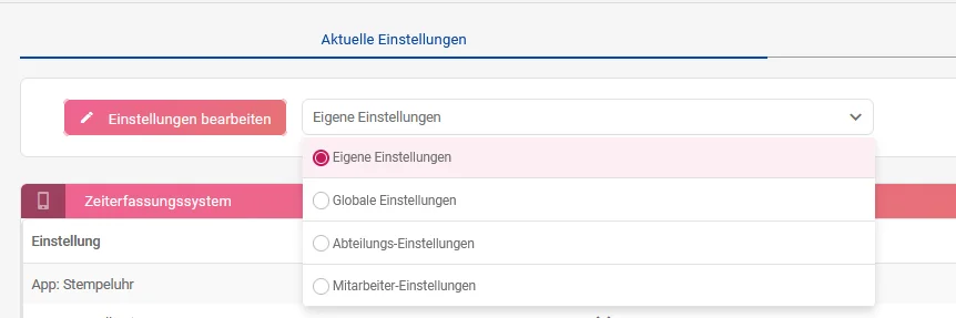 Zu sehen ist die Zeiterfassung mit der geöffneten Auswahl der Einstellungen.