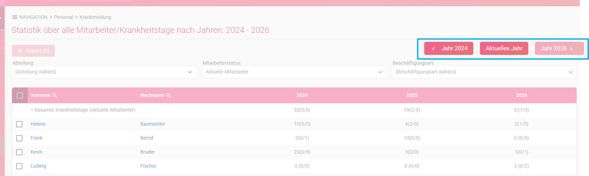 Zu sehen ist die Übersicht der Jahre und hervorgehoben sind die Filter zum wechseln der Jahre.