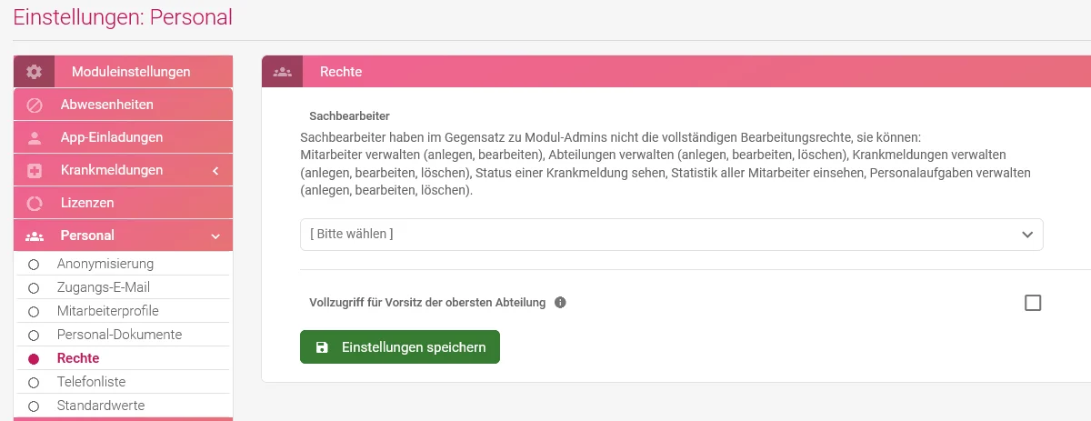 Zu sehen ist die Zeiterfassung mit der geöffneten Einstellung „Rechte“.