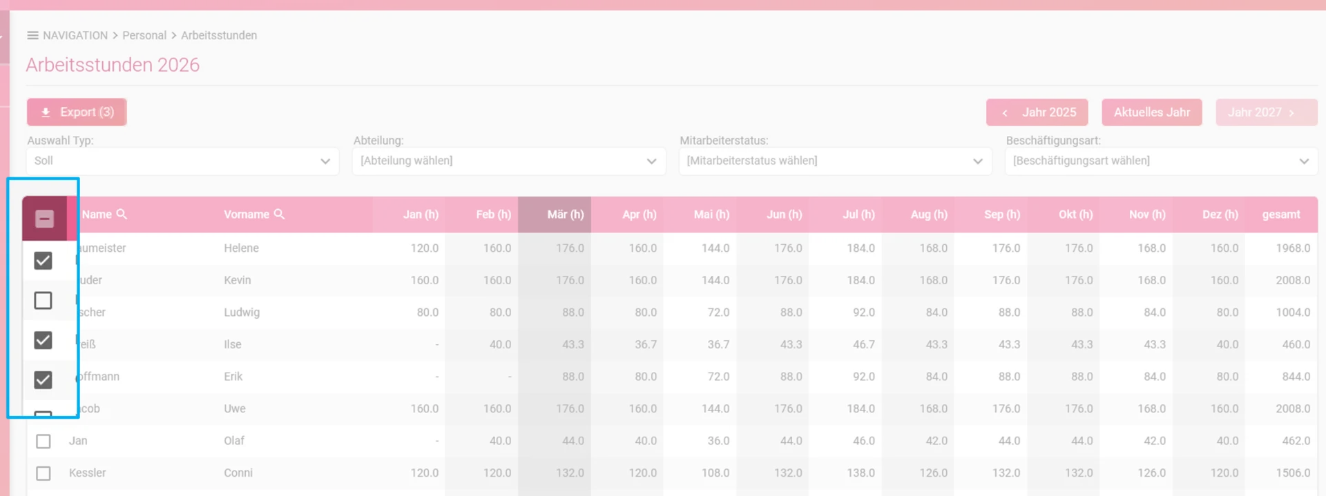 Zu sehen ist die Übersicht der Arbeitsstunden und hervorgehoben ist die Mitarbeiterauswahl.