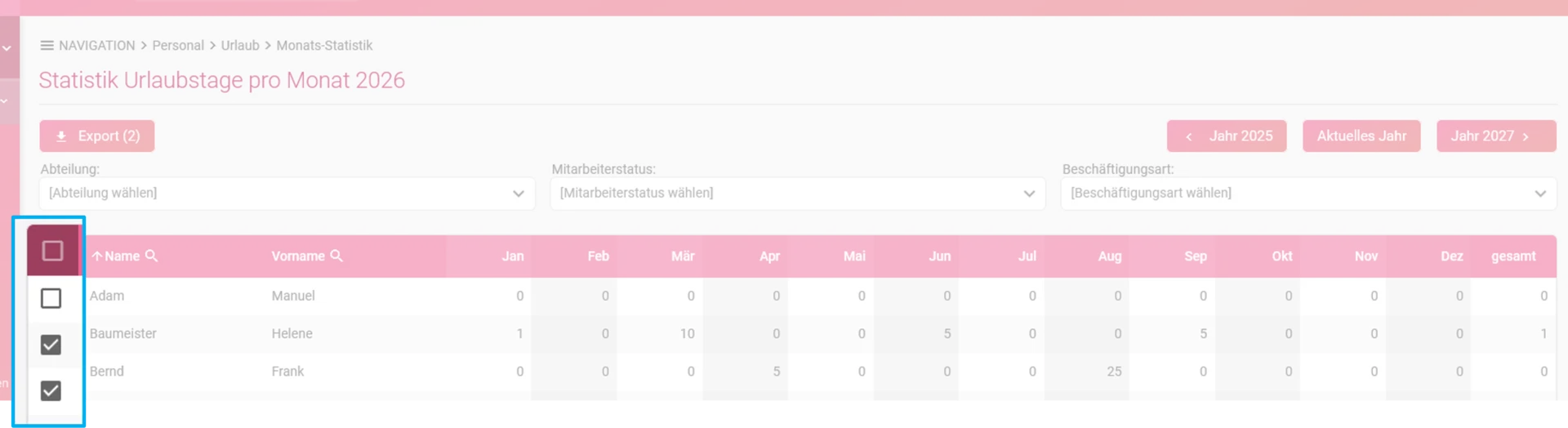 Zu sehen ist die Übersicht der Urlaubstage pro Monat und farblich hervorgehoben ist die Spalte mit der Checkbox.