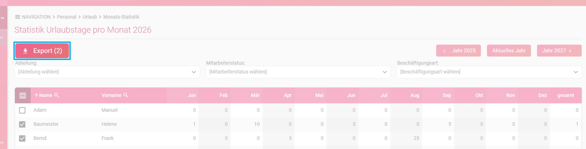 Zu sehen ist die Übersicht der Urlaubstage pro Monat und hervorgehoben ist der Button Export