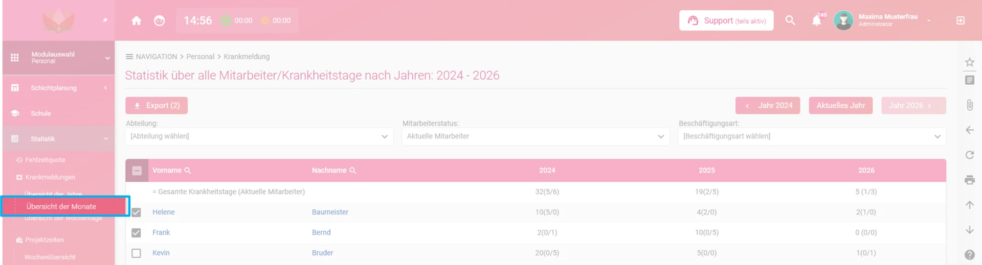 Zu sehen ist das geöffnete Personalmdoul und hervorgehoben ist im Menü Übersicht der Monate.