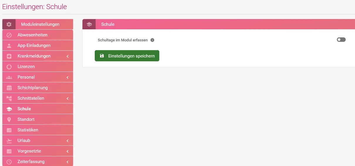 Zu sehen ist die Zeiterfassung mit der geöffneten Einstellung „Schule“.