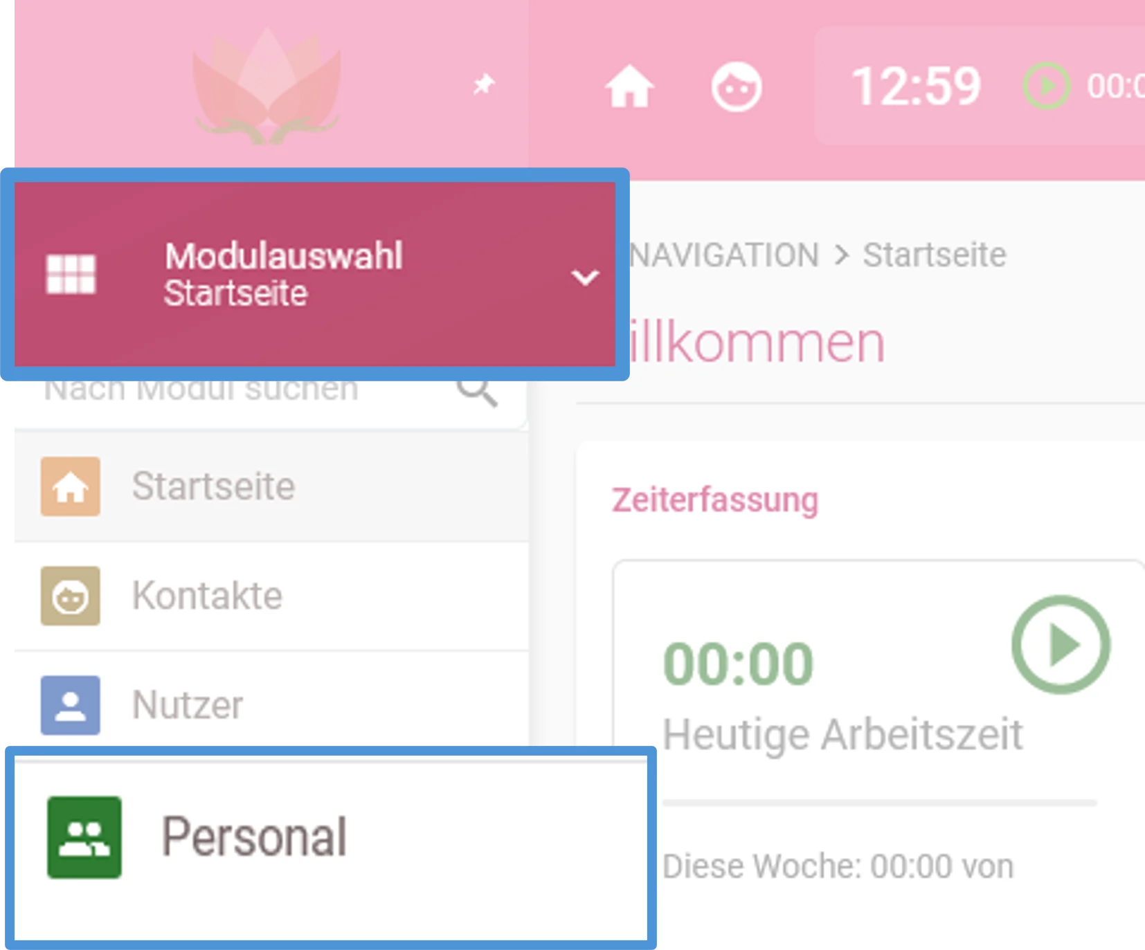 Zu sehen ist die Modulauswahl. Farblich hervorgehoben sind „Modulauswahl“ und „Personal“.