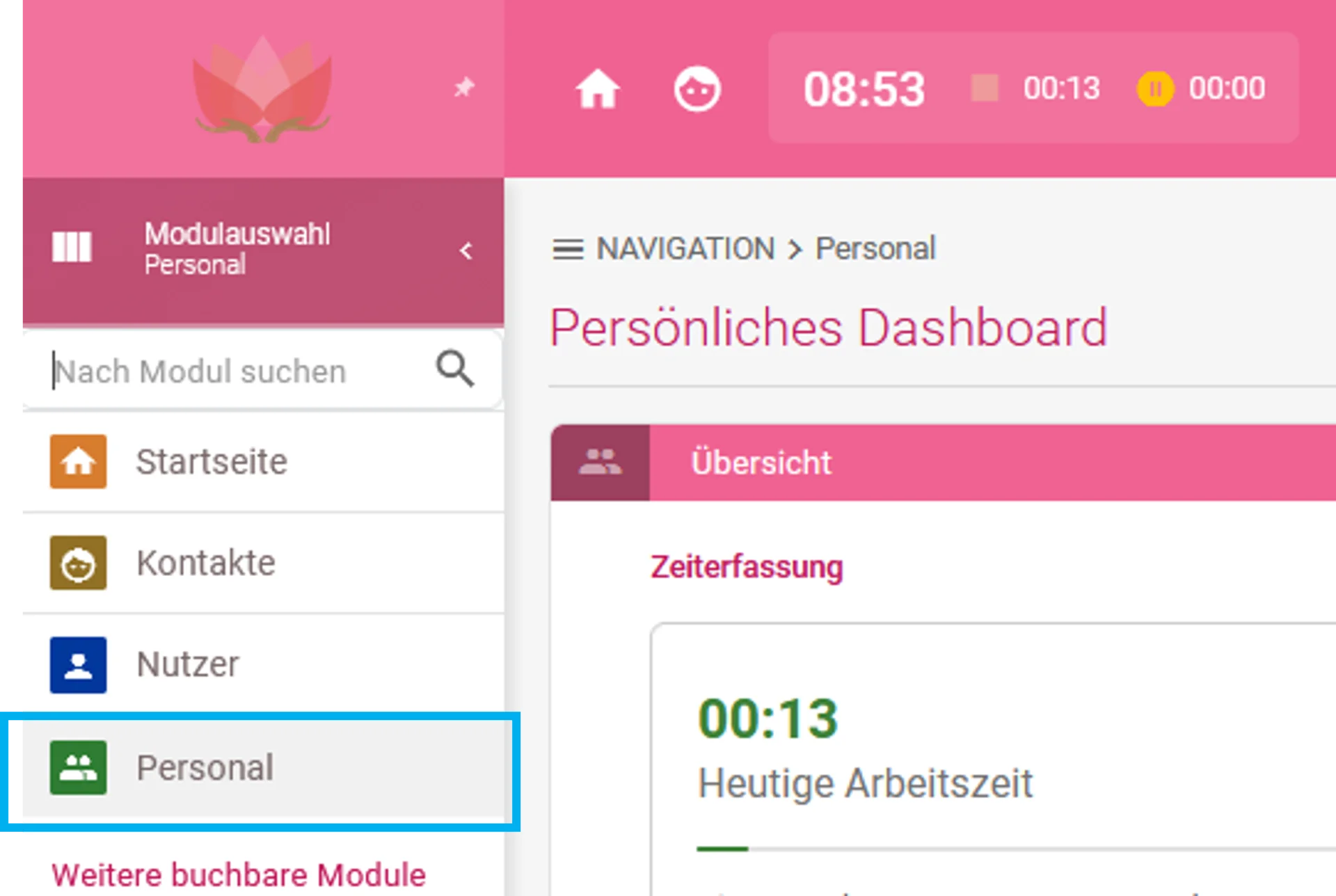 Zusehen ist die Modulauswahl im Browser der Zeiterfassung. Farblich hervorgehoben ist das Modul Personal.