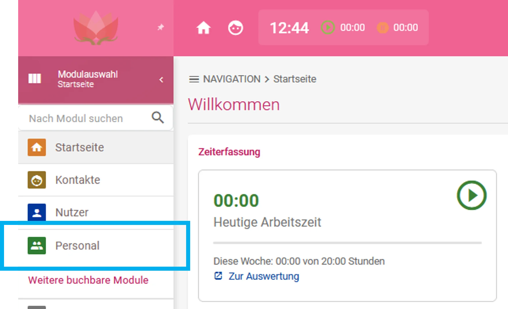 Zusehen ist die geöffnete Wochenauswertung. Farblich hervorgehoben ist das Modul Personal.