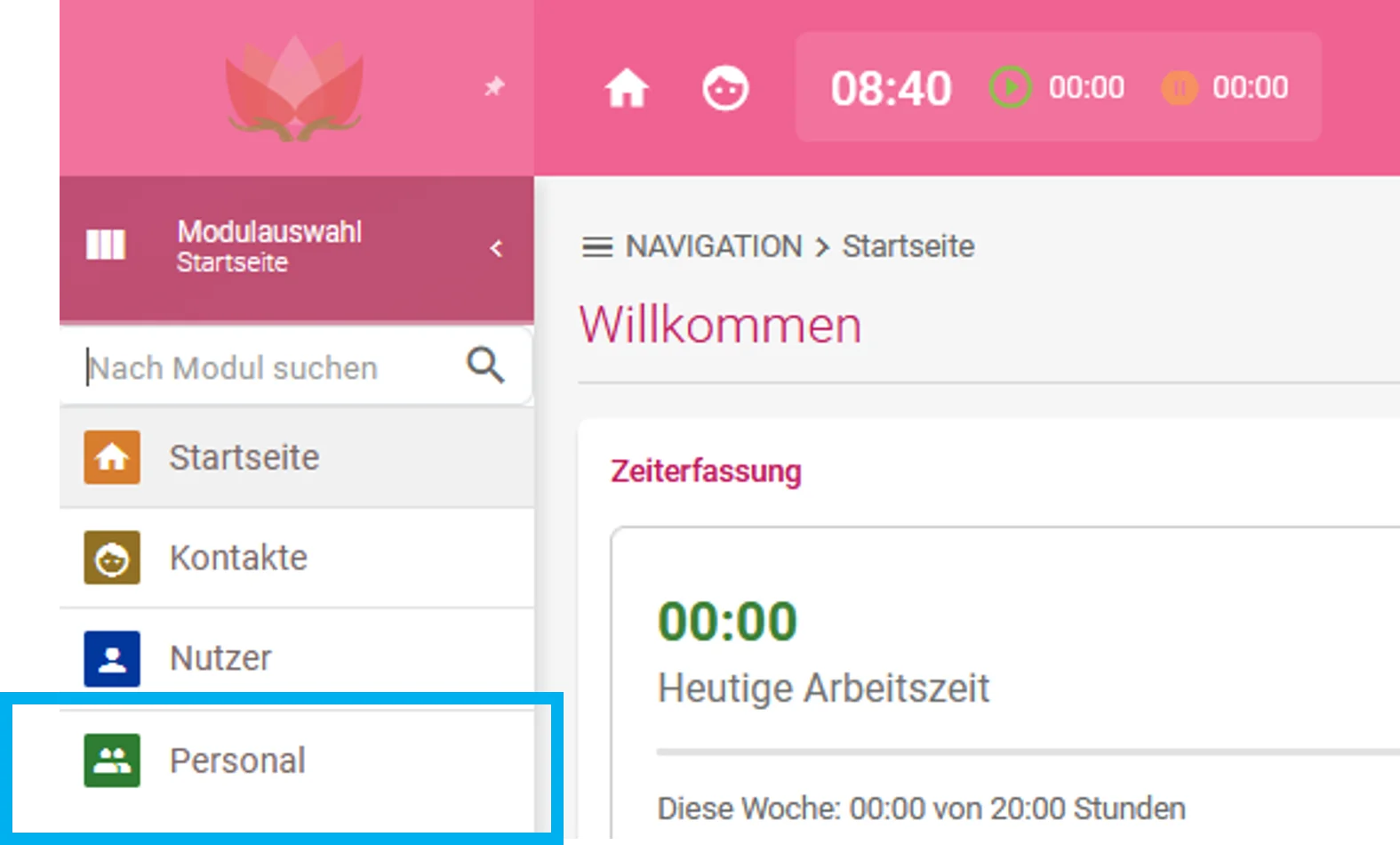 Zusehen ist die Modulauswahl. Farblich hervorgehoben ist das Modul Personal.