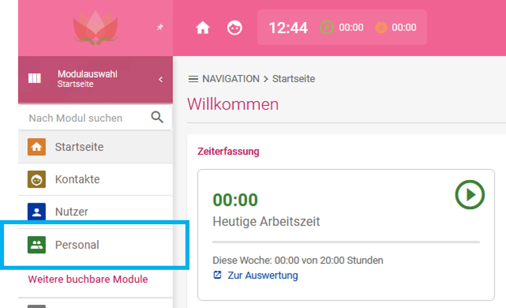 Zu sehen ist die geöffnete Modulauswahl. Das Modul Personal ist farblich hervorgehoben.