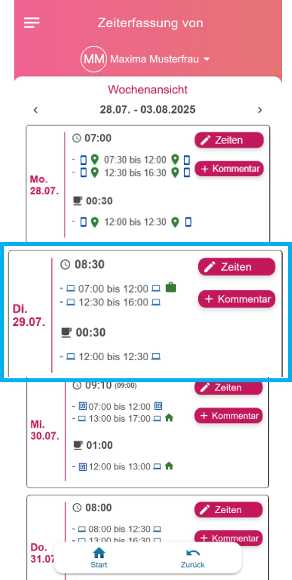 Wochenauswertung in der App, der Dienstag ist farblich hervorgehoben. Erfasst wurden Zeiten von 7:00 bis 12:00 Uhr per Browser mit Dienstgang und von 12:30 bis 16:00 Uhr per Browser. Die Pause von 12:00 bis 12:30 Uhr wurde ebenfalls per Browser erfasst.
