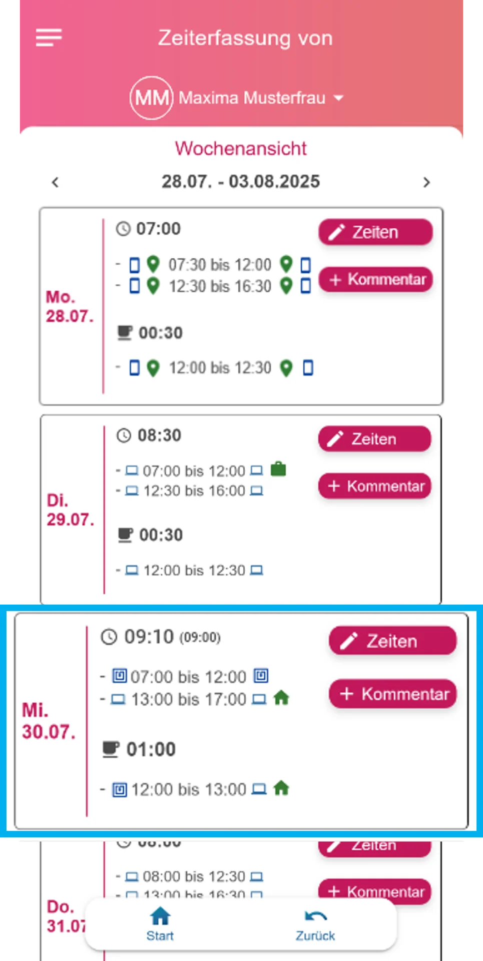 Wochenauswertung in der App, der Mittwoch ist farblich hervorgehoben. Von 7:00 bis 12:00 Uhr wurde per Terminal eingeloggt, von 12:00 bis 17:00 Uhr per Browser im mobilen Arbeiten. Die Gesamtzeit beträgt 9:10 Stunden, davon 10 Minuten Rüstzeit (in Klammern 9:00). Die Pause wurde um 12:00 Uhr per Terminal gestartet und um 13:00 Uhr per Browser beendet.