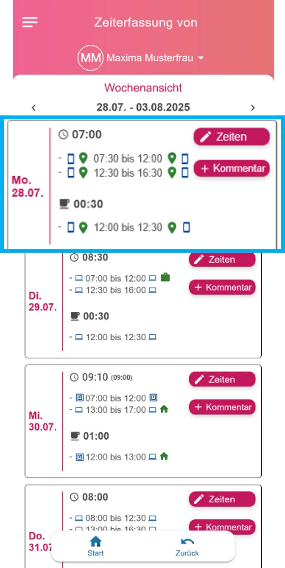 Wochenauswertung in der App, der Montag ist farblich hervorgehoben. Es wurden per App mit GPS-Daten zwei Arbeitsblöcke erfasst: 7:30–12:00 Uhr und 12:00–16:30 Uhr. Die Pause von 12:00–12:30 Uhr wurde ebenfalls per App mit GPS-Daten erfasst.