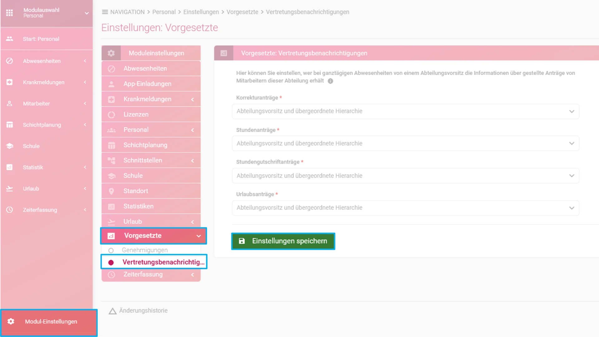Zu sehen ist das geöffnete Personalmodul der Zeiterfassung. Hervorgehoben sind der Button „Modul-Einstellungen“ sowie im separaten Menü die Punkte „Vorgesetzte“ und „Vertretungsbenachrichtigung“.