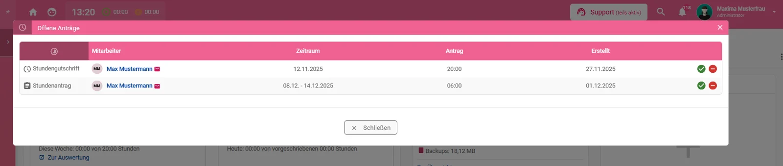 Zu sehen ist das Pop up mit der Liste der offenen Anträge.