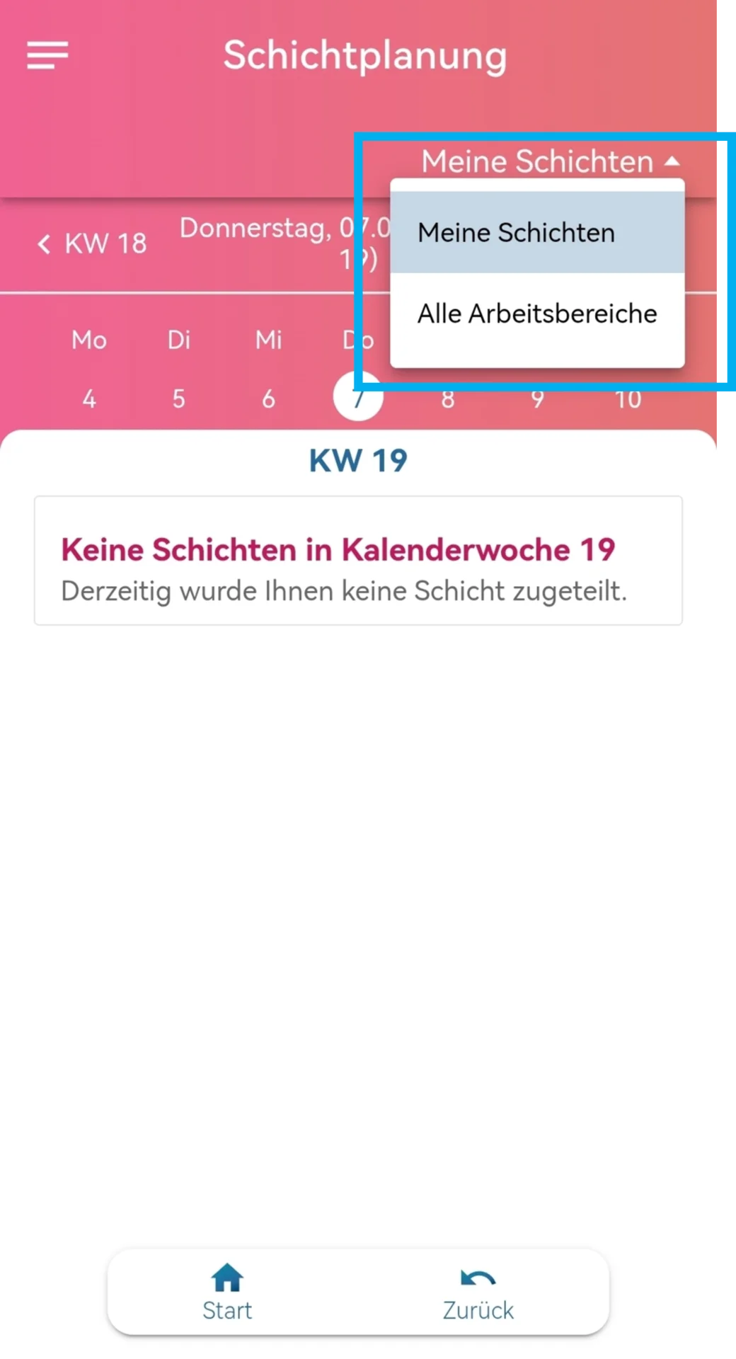 Zu sehen ist die Schichtplanung in der Mitarbeiter-App. Hervorgehoben sind die Auswahl „Meine Schichten“ sowie der Eintrag „Alle Arbeitsbereiche“.