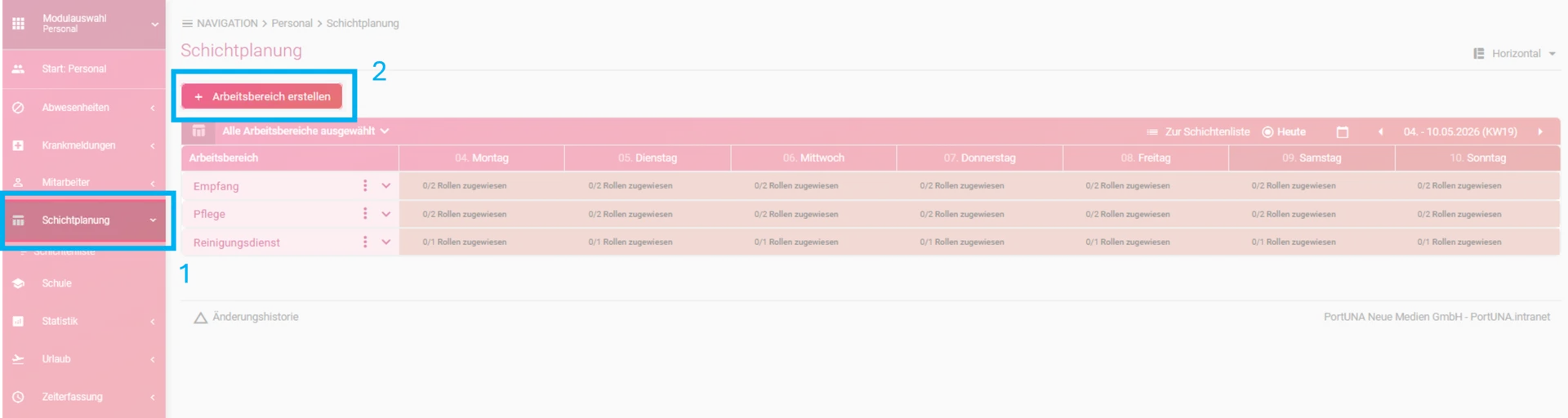 Zu sehen ist die Schichtplanung der Zeiterfassung, hervorgehoben sind im linken Menü der Punkt „Schichtplanung“ sowie der Button „+ Arbeitsbereich erstellen“.
