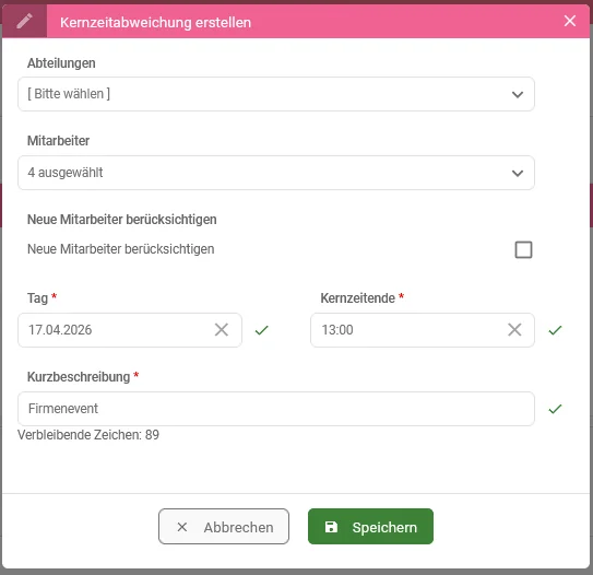 Zu sehen ist die Erstellmaske für die Kernzeitabweichung.