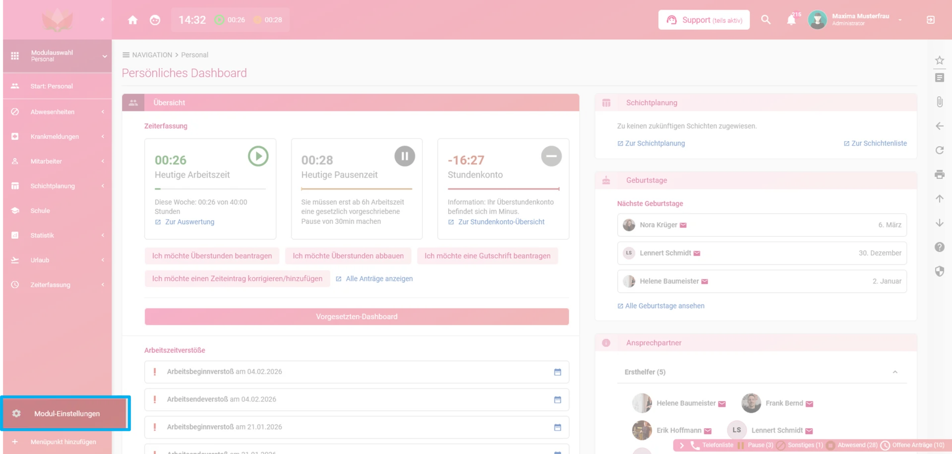 Zu sehen ist das Personalmodul, in dem der Button „Modul-Einstellungen“ farblich hervorgehoben ist.