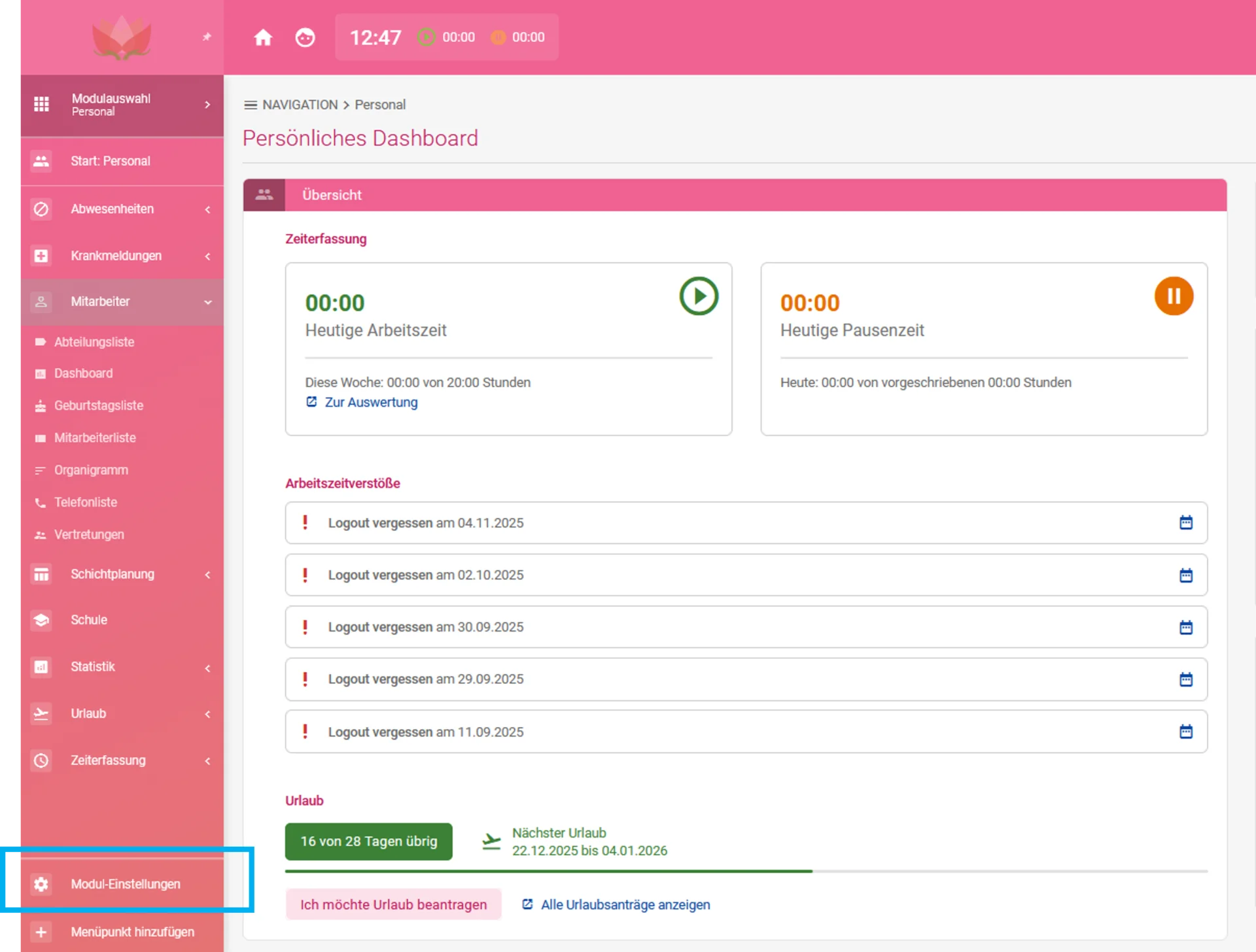 Zusehen ist das persönliche Dashboard. Farblich hervorgehoben ist links unten der Punkt Modul-Einstellungen.