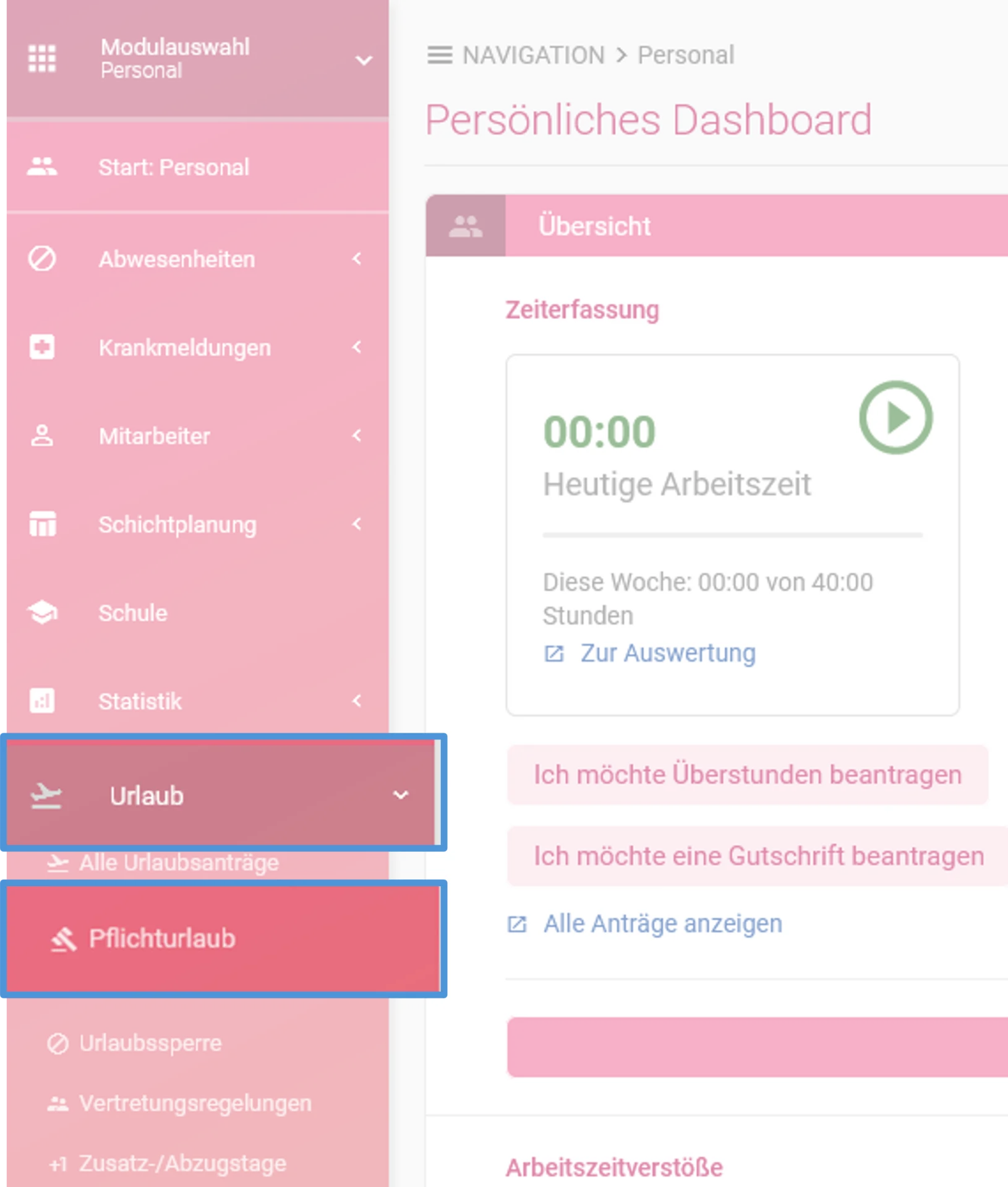 Zu sehen ist das Personalmodul. Farblich hervorgehoben sind die Punkte „Urlaub“ und „Pflichturlaub“.