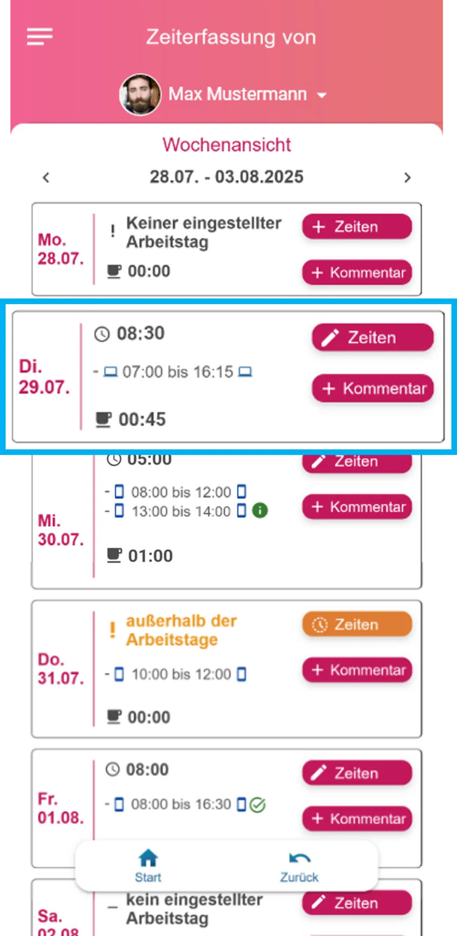 Zusehen ist die Wochenauswertung in der App, der Dienstag ist farblich hervorgehoben. Erfasst wurden Arbeitszeiten von 7:00 bis 16:15 Uhr per Browser sowie eine Pausenzeit von 45 Minuten.