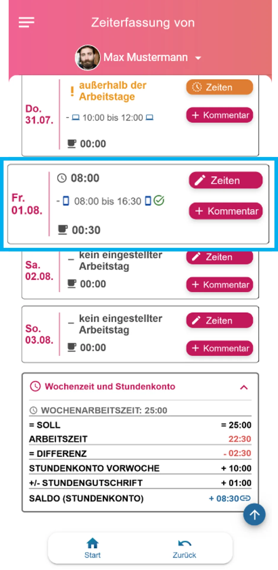 Geöffnete Wochenauswertung in der App, der Freitag ist farblich hervorgehoben. Die Arbeitszeiten wurden per App erfasst. Ein grünes Häkchen weist auf eine durchgeführte Korrektur hin.