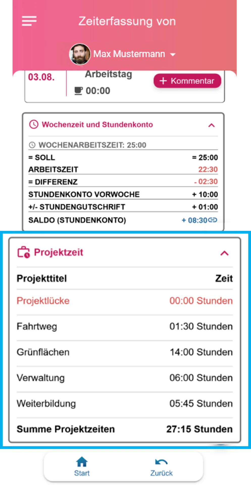 Zusehen ist der Bereich „Projekte“ in der App. Der Bereich ist farblich hervorgehoben und zeigt die einzelnen Projekte mit ihren Gesamtzeiten.
