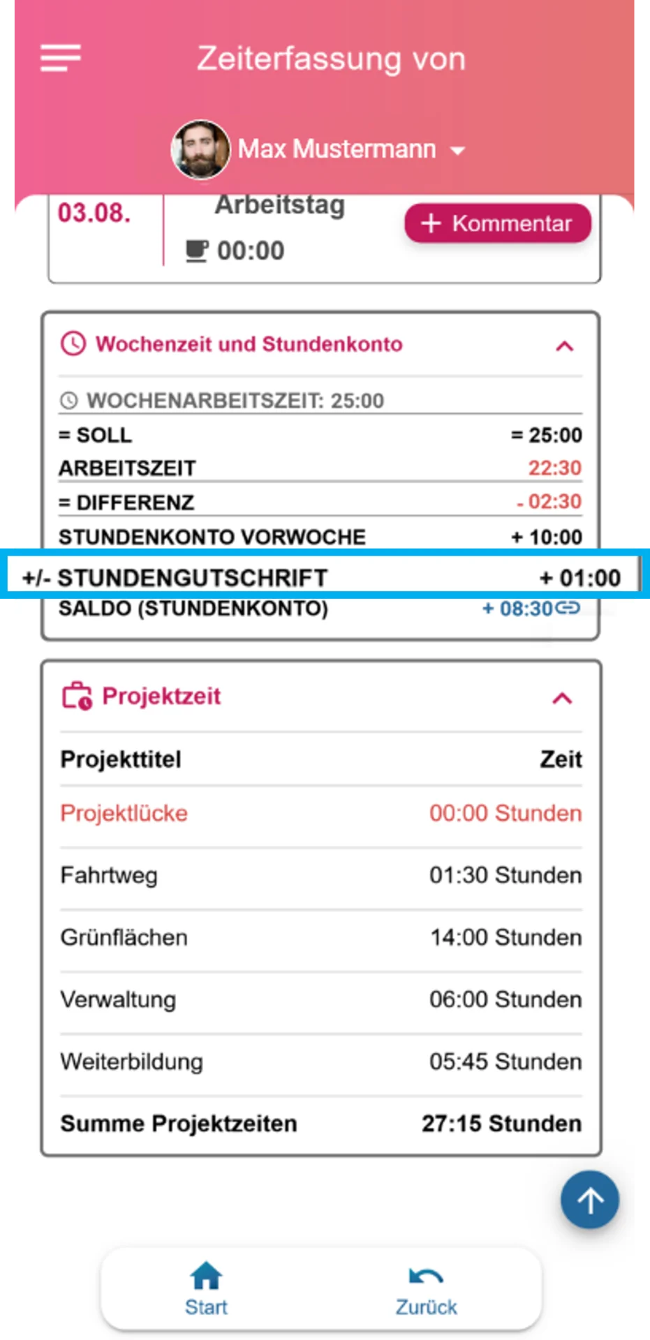 Zusehen ist der Bereich „Wochenzeit und Stundenkonto“ in der App. Der Bereich „Stundengutschrift“ ist farblich hervorgehoben.