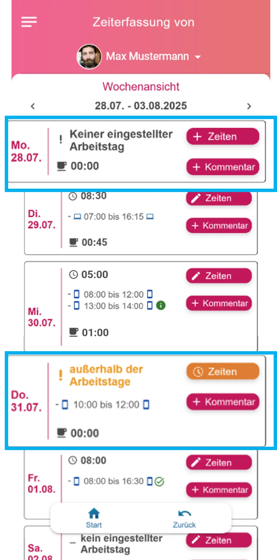 Zusehen ist die Wochenauswertung in der App. Der Montag ist farblich hervorgehoben mit dem Hinweis „Kein eingetragener Arbeitstag“. Der Donnerstag ist ebenfalls hervorgehoben und zeigt den Hinweis „Außerhalb der Arbeitstage“ mit erfassten Zeiten von 10:00 bis 12:00 Uhr.