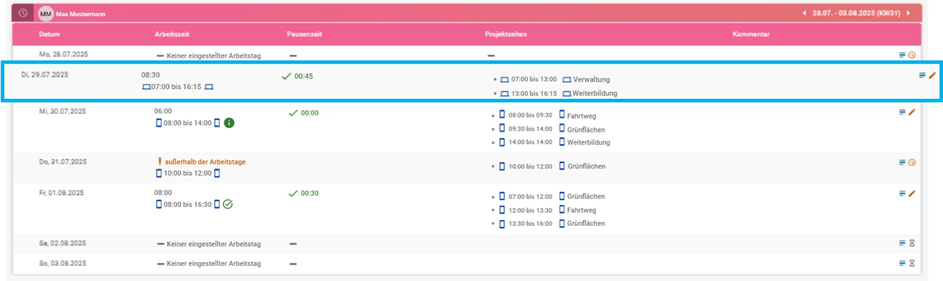 Geöffnete Wochenauswertung, der Dienstag ist farblich hervorgehoben. In der Spalte „Arbeitszeit“ steht „per Browser 7:16–16:16“, in der Spalte „Pausenzeit“ sind 45 Minuten erfasst. In der Spalte „Projektzeiten“ sieht man „per Browser 7:00–13:00 Uhr Verwaltung“ und „13:00–16:15 Uhr Weiterbildung“.