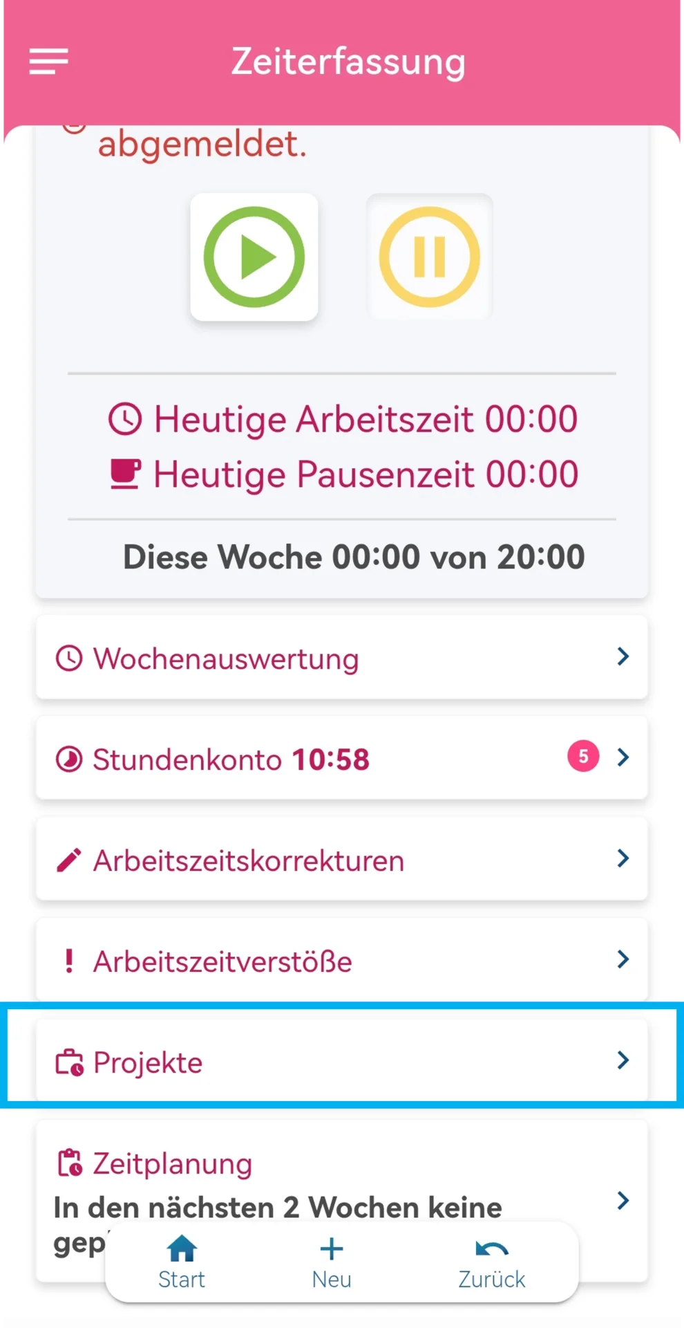 Zu sehen ist die geöffnete Zeiterfassung in der App. Farblich hervorgehoben ist die Schaltfläche „Projekte“.