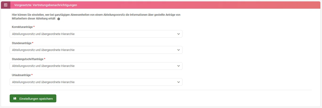 Zu sehen ist die Einstellung „Vorgesetzte: Vertretungsbenachrichtigung“. Hervorgehoben sind die Antragsarten, für die sich die Vertretungsbenachrichtigung individuell festlegen lässt.