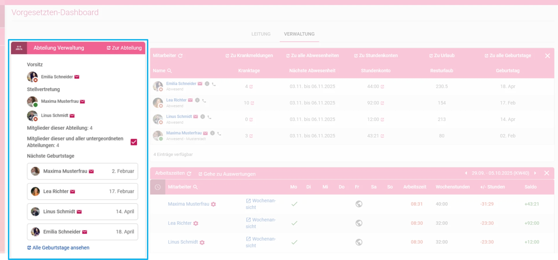 Zu sehen ist das Vorgesetzten-Dashboard, farblich hervorgehoben ist das Widget „Abteilung verwalten“.