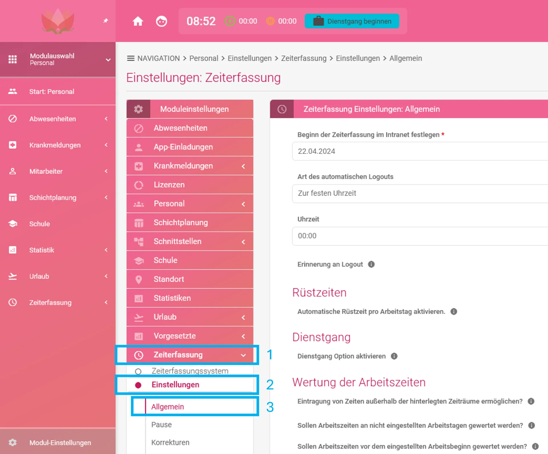 Zu sehen sind die Modul-Einstellungen. Farblich hervorgehoben sind die Punkte „Zeiterfassung“, „Einstellungen“ und „Allgemein“.