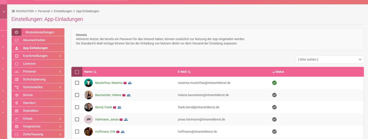 Zu sehen ist die Modul-Einstellung „App-Einladungen“ innerhalb der Zeiterfassung.