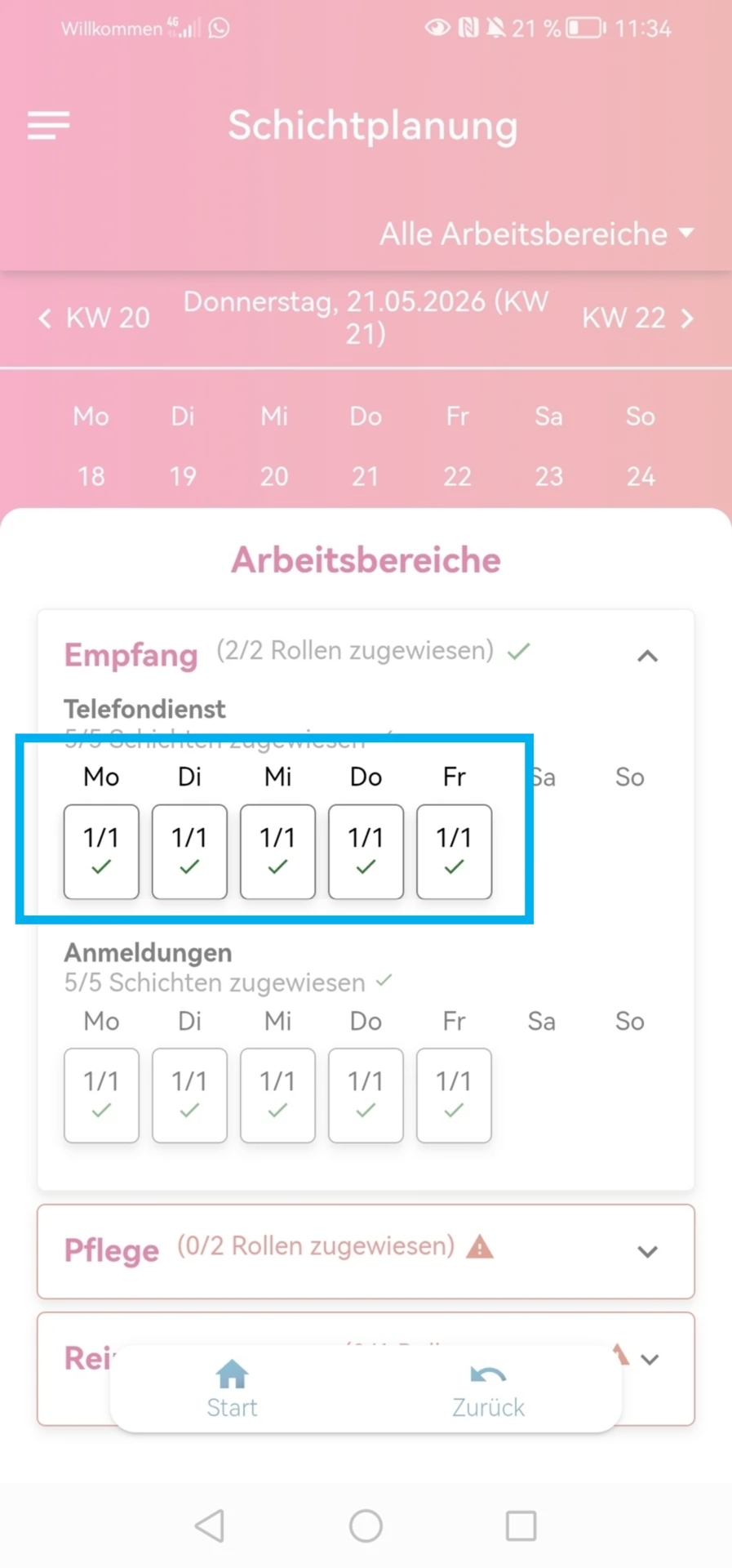 Zu sehen ist die Schichtplanung in der Mitarbeiter-App mit der Übersicht der Arbeitsbereiche. Hervorgehoben sind die aktuellen Zuweisungen der Schichten.
