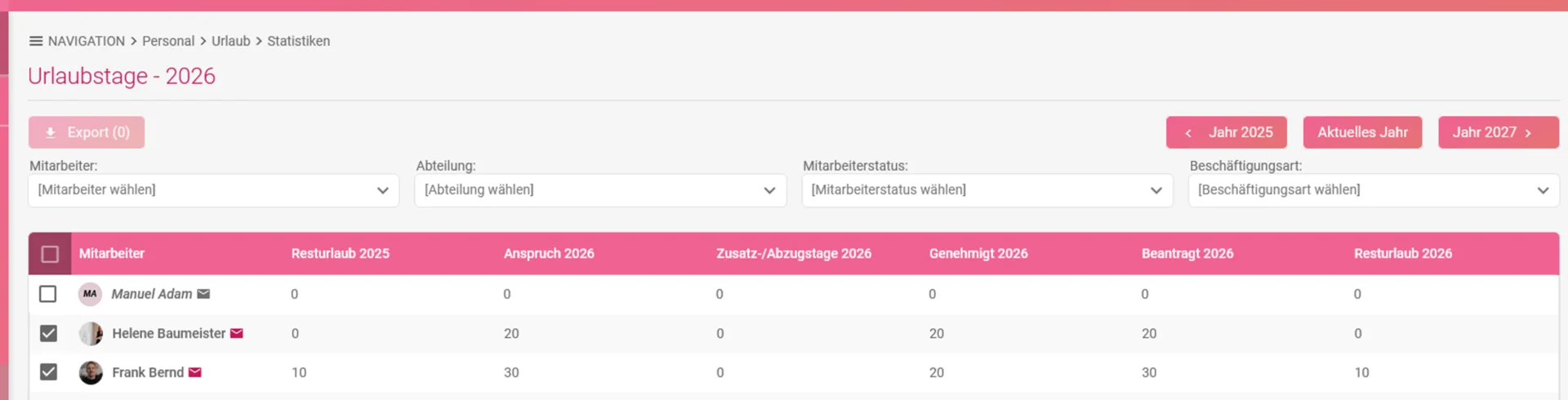 Zu sehen ist die Übersicht der Urlaubstage.