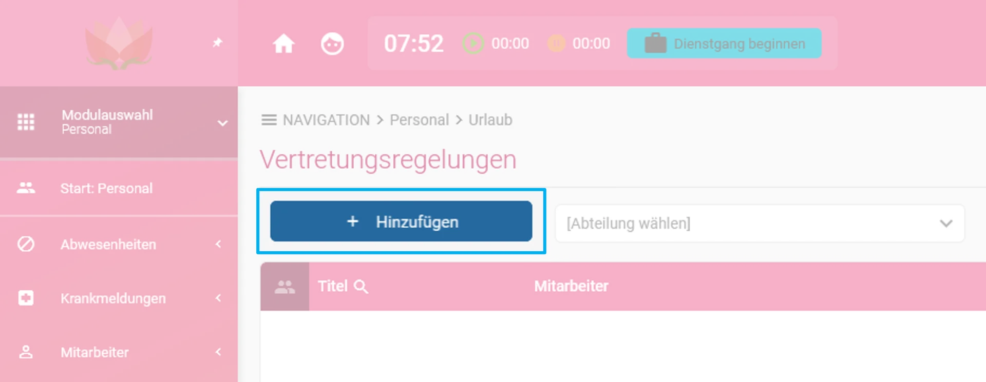 Zu sehen ist die Übersicht der Vertretungsregelungen. Farblich hervorgehoben ist der Button „+ Hinzufügen“.