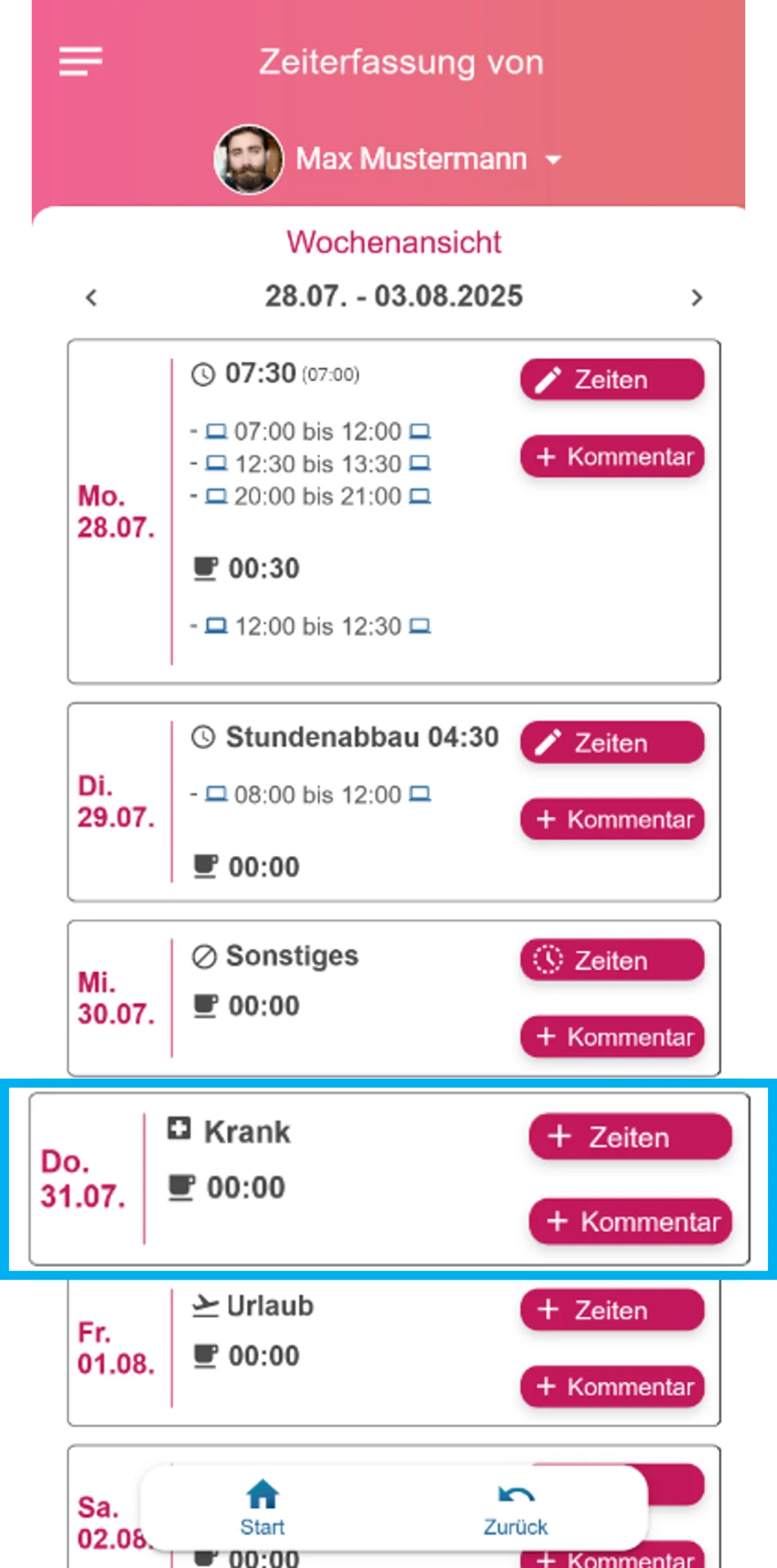 Zusehen ist die Wochenauswertung, der Donnerstag ist farblich hervorgehoben. In der Ansicht ist der Eintrag „Krank“ sichtbar.